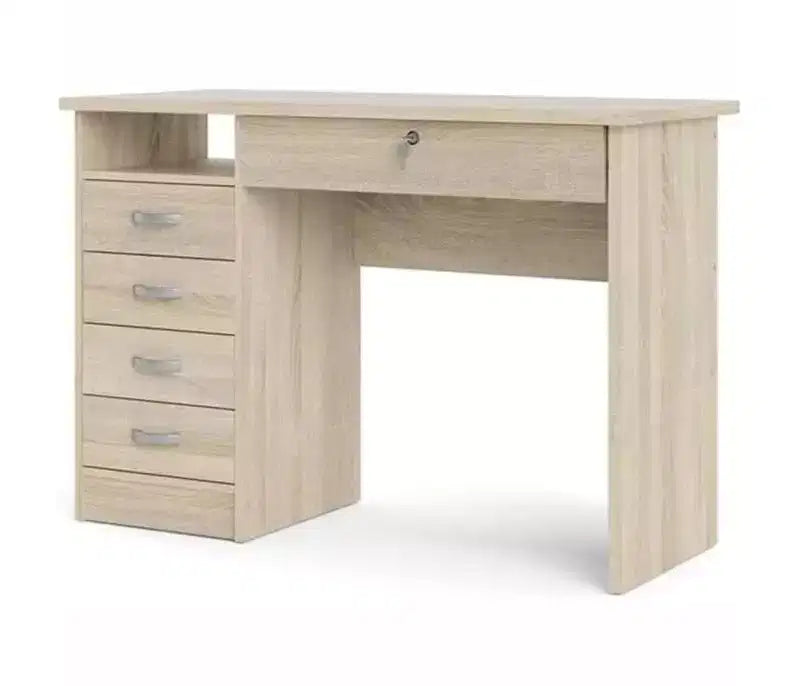 Scrivania per computer con 5 cassetti – Finitura Rovere, Cassetto con serratura, Maniglie in metallo