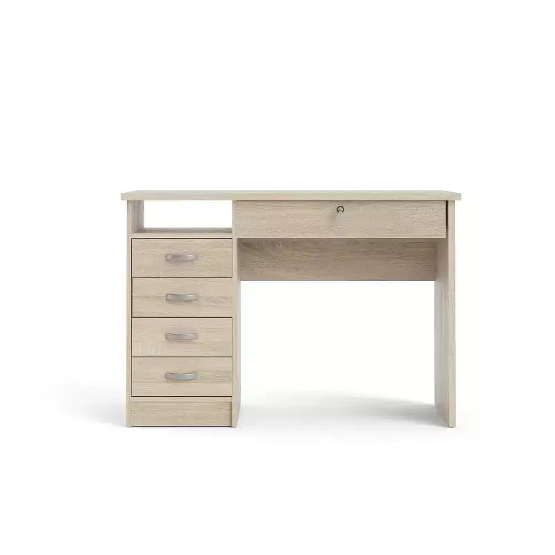 Scrivania per computer con 5 cassetti – Finitura Rovere, Cassetto con serratura, Maniglie in metallo