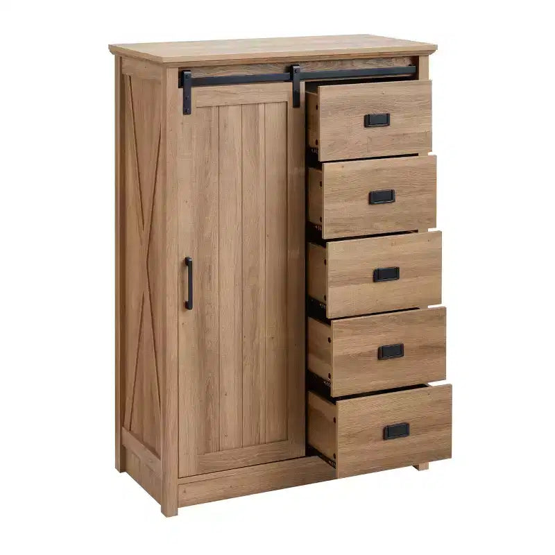 Credenza rustica con anta scorrevole a granaio – 5 cassetti e 4 ripiani regolabili