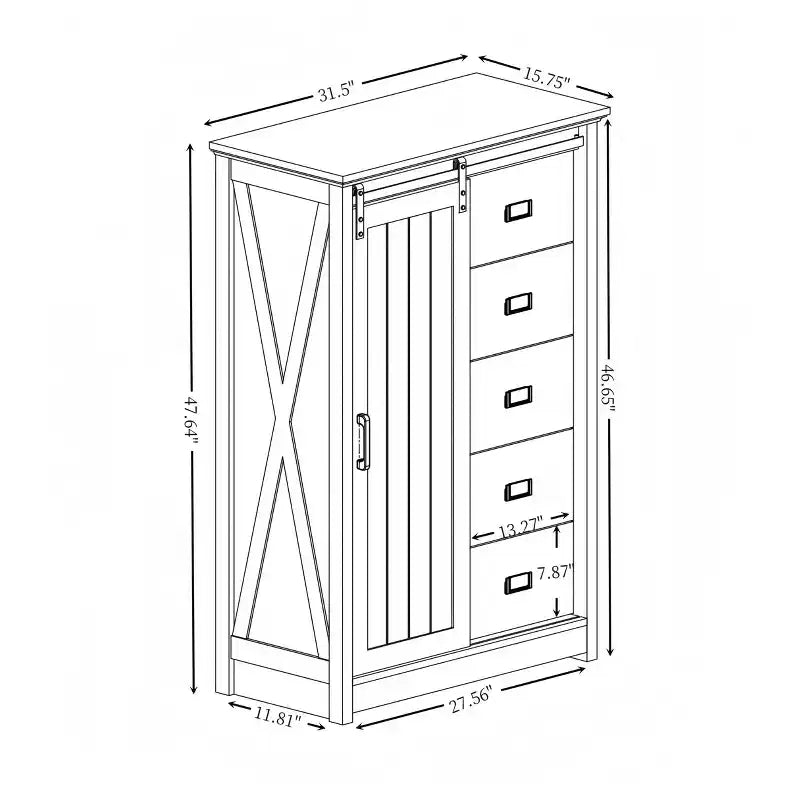 Credenza rustica con anta scorrevole a granaio – 5 cassetti e 4 ripiani regolabili
