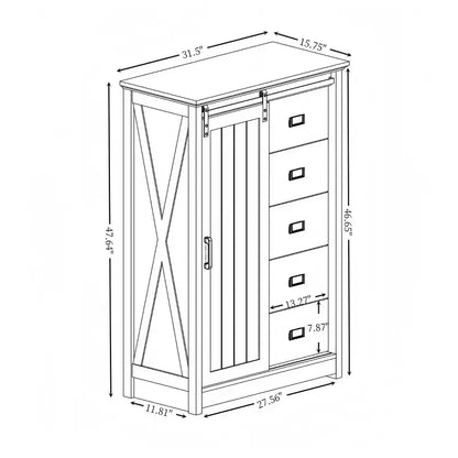 Credenza rustica con anta scorrevole a granaio – 5 cassetti e 4 ripiani regolabili