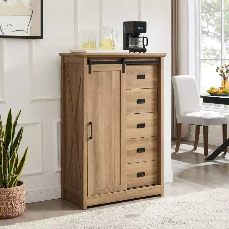Credenza rustica con anta scorrevole a granaio – 5 cassetti e 4 ripiani regolabili