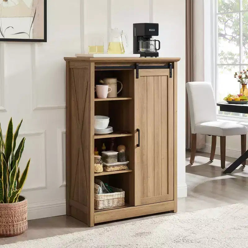 Credenza rustica con anta scorrevole a granaio – 5 cassetti e 4 ripiani regolabili