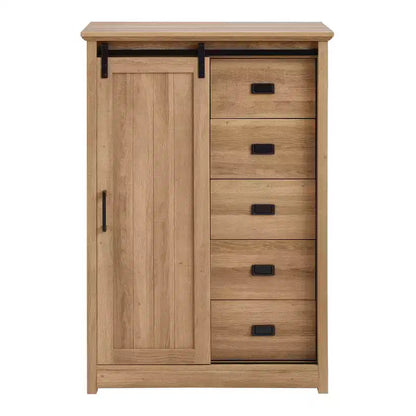 Credenza rustica con anta scorrevole a granaio – 5 cassetti e 4 ripiani regolabili
