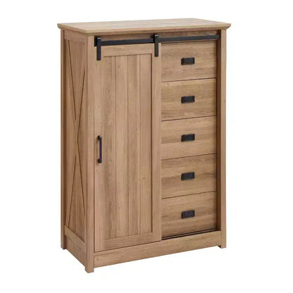 Credenza rustica con anta scorrevole a granaio – 5 cassetti e 4 ripiani regolabili