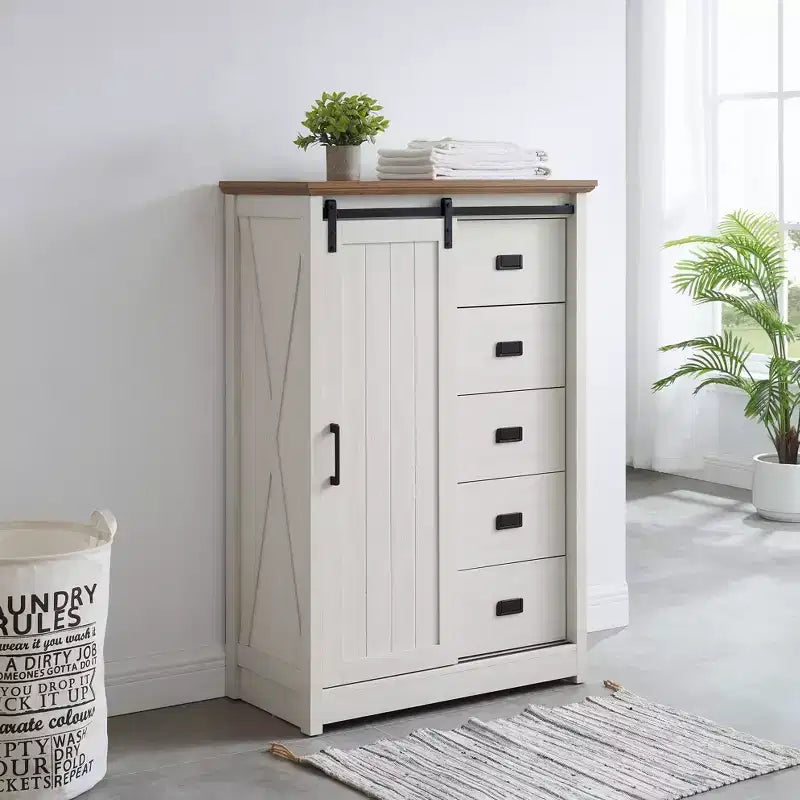 Credenza rustica con anta scorrevole a granaio – 5 cassetti e 4 ripiani regolabili