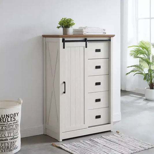 Credenza rustica con anta scorrevole a granaio – 5 cassetti e 4 ripiani regolabili