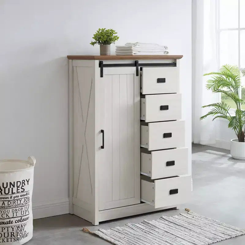 Credenza rustica con anta scorrevole a granaio – 5 cassetti e 4 ripiani regolabili