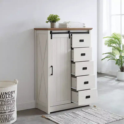 Credenza rustica con anta scorrevole a granaio – 5 cassetti e 4 ripiani regolabili