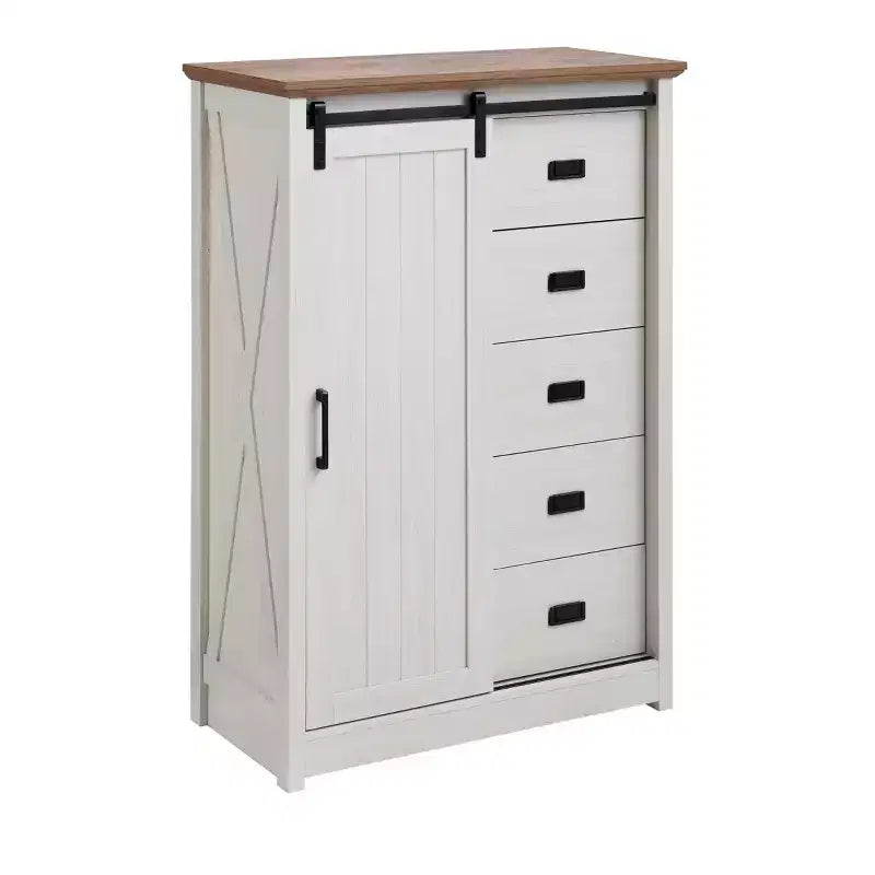 Credenza rustica con anta scorrevole a granaio – 5 cassetti e 4 ripiani regolabili