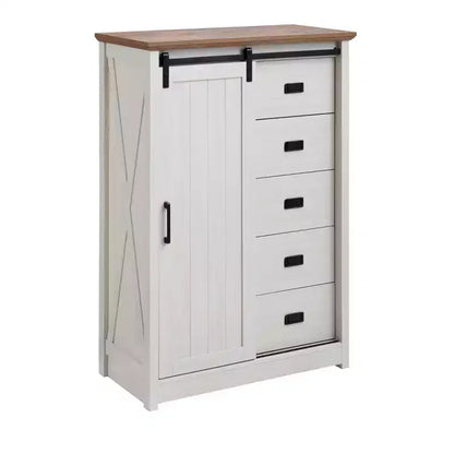 Credenza rustica con anta scorrevole a granaio – 5 cassetti e 4 ripiani regolabili