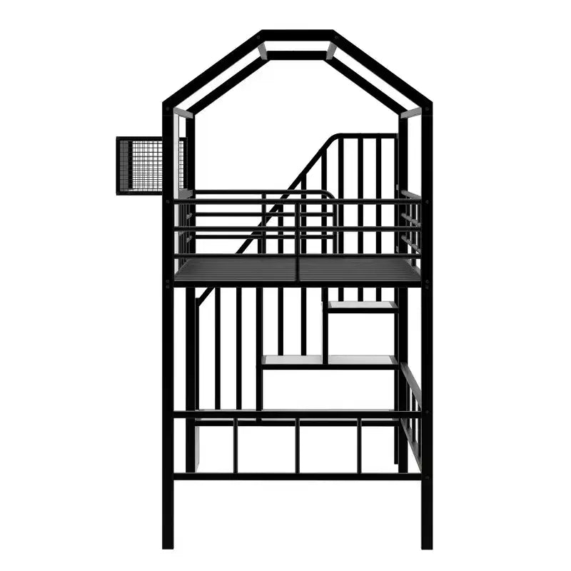 Letto a soppalco in metallo a casetta con scala, contenitore e design a tetto – Singolo, 93,7"