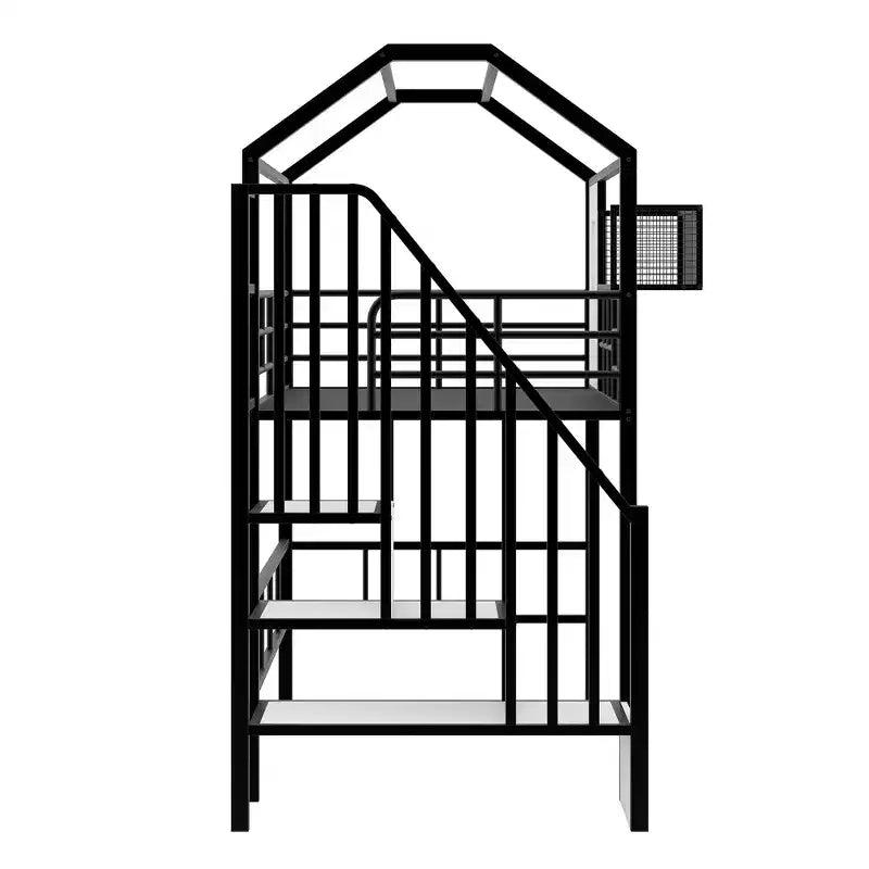Letto a soppalco in metallo a casetta con scala, contenitore e design a tetto – Singolo, 93,7"