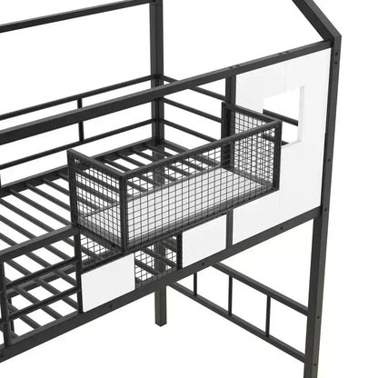 Letto a soppalco in metallo a casetta con scala, contenitore e design a tetto – Singolo, 93,7"