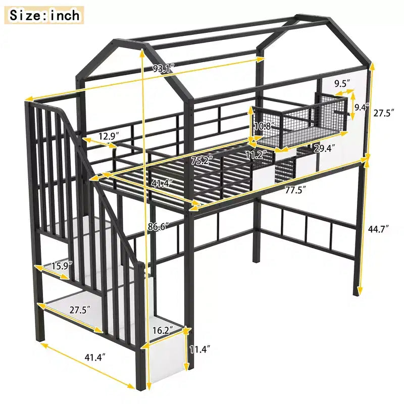 Letto a soppalco in metallo a casetta con scala, contenitore e design a tetto – Singolo, 93,7"