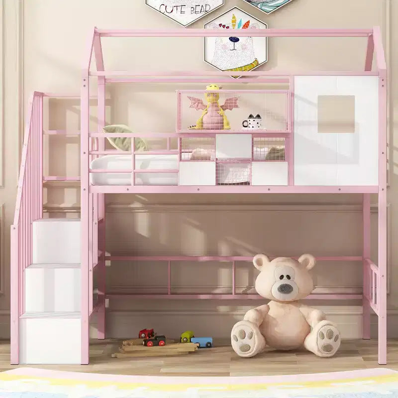 Letto a soppalco in metallo a casetta con scala, contenitore e design a tetto – Singolo, 93,7"