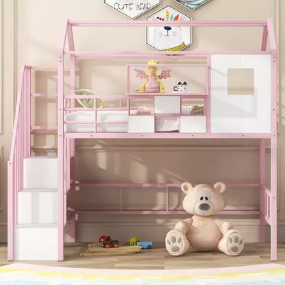 Letto a soppalco in metallo a casetta con scala, contenitore e design a tetto – Singolo, 93,7"