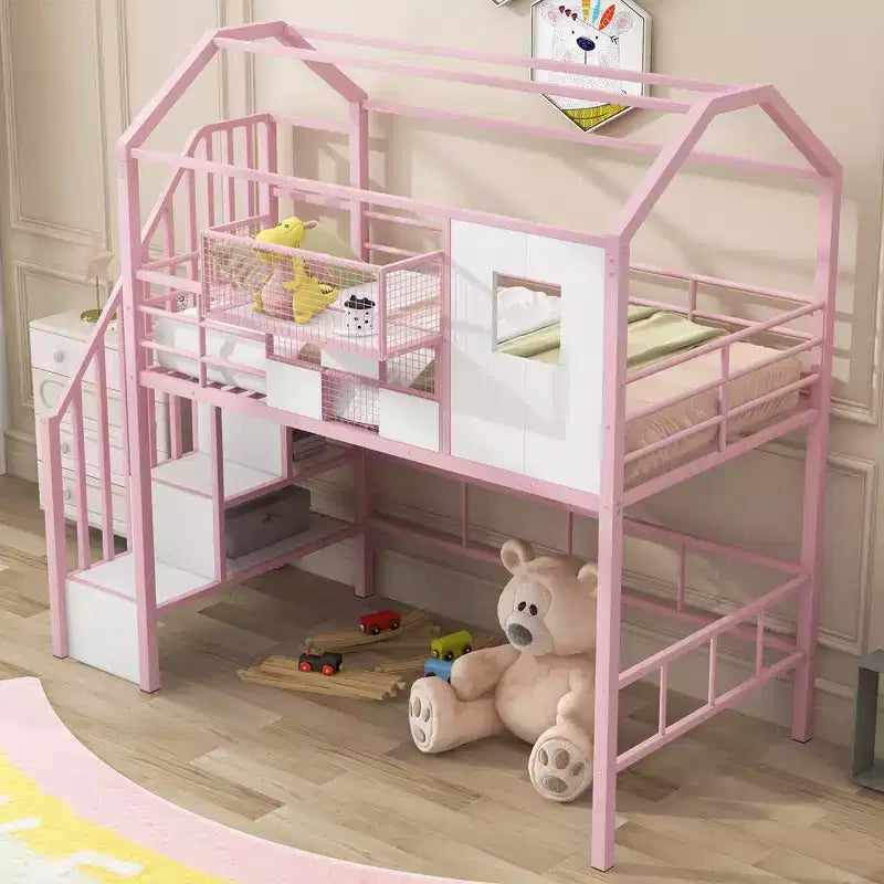 Letto a soppalco in metallo a casetta con scala, contenitore e design a tetto – Singolo, 93,7"