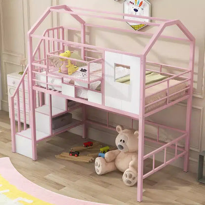 Letto a soppalco in metallo a casetta con scala, contenitore e design a tetto – Singolo, 93,7"