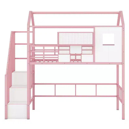 Letto a soppalco in metallo a casetta con scala, contenitore e design a tetto – Singolo, 93,7"