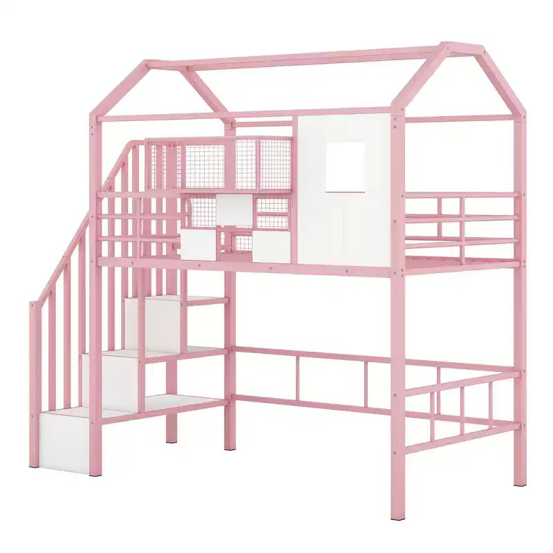 Letto a soppalco in metallo a casetta con scala, contenitore e design a tetto – Singolo, 93,7"