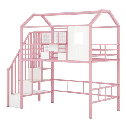 Letto a soppalco in metallo a casetta con scala, contenitore e design a tetto – Singolo, 93,7"