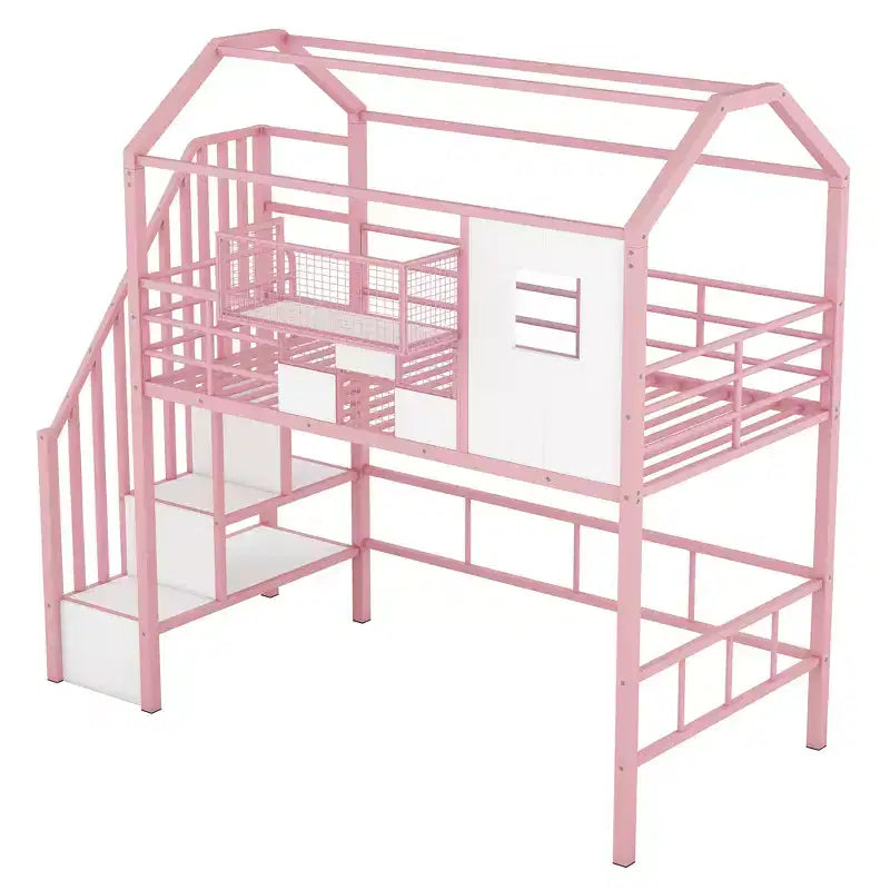 Letto a soppalco in metallo a casetta con scala, contenitore e design a tetto – Singolo, 93,7"