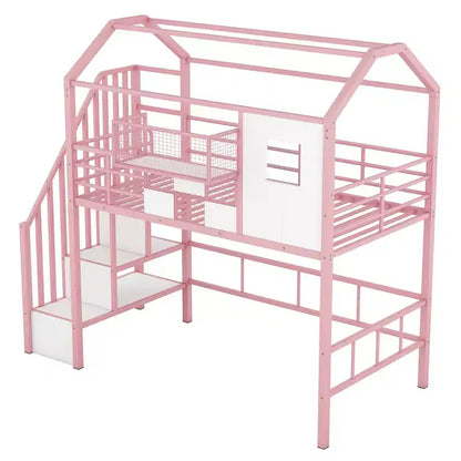 Letto a soppalco in metallo a casetta con scala, contenitore e design a tetto – Singolo, 93,7"