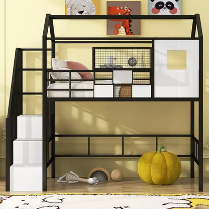 Letto a soppalco in metallo a casetta con scala, contenitore e design a tetto – Singolo, 93,7"