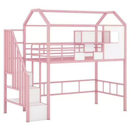 Letto a soppalco in metallo a casetta con scala, contenitore e design a tetto – Singolo, 93,7"