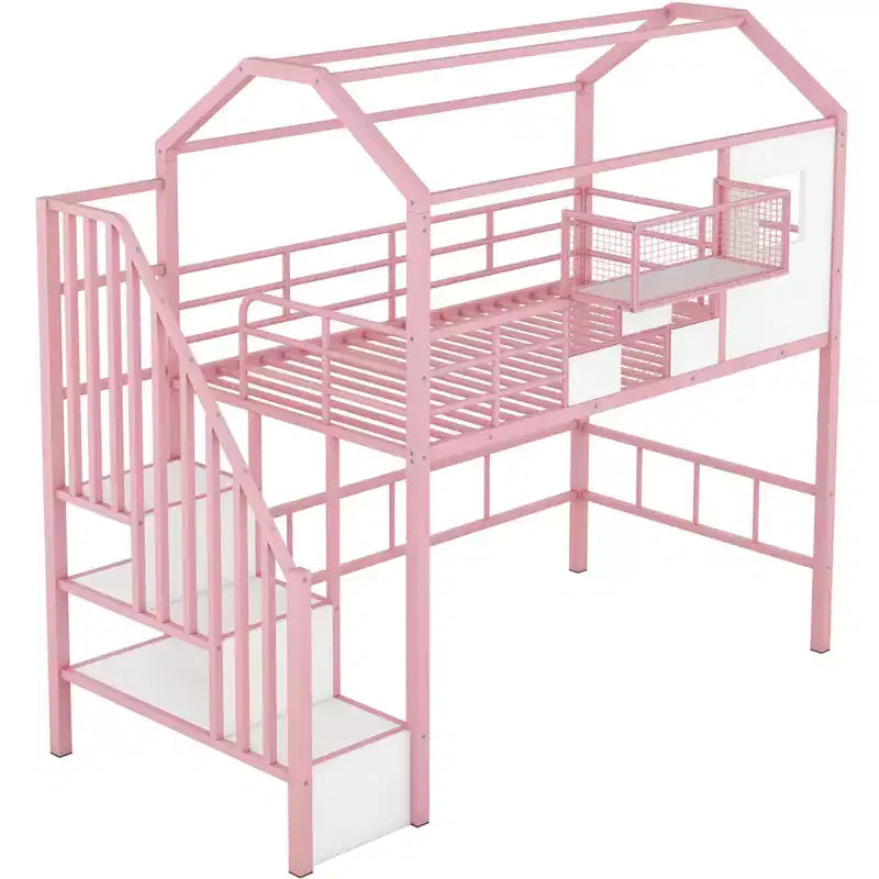 Letto a soppalco in metallo a casetta con scala, contenitore e design a tetto – Singolo, 93,7"