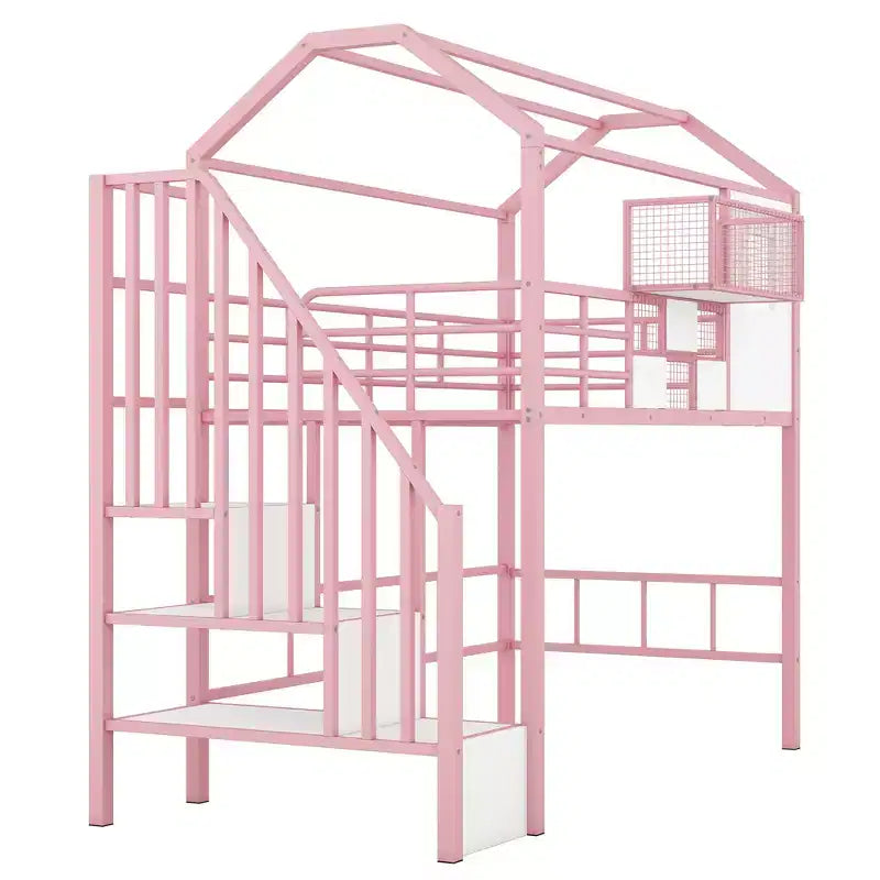 Letto a soppalco in metallo a casetta con scala, contenitore e design a tetto – Singolo, 93,7"