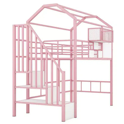 Letto a soppalco in metallo a casetta con scala, contenitore e design a tetto – Singolo, 93,7"