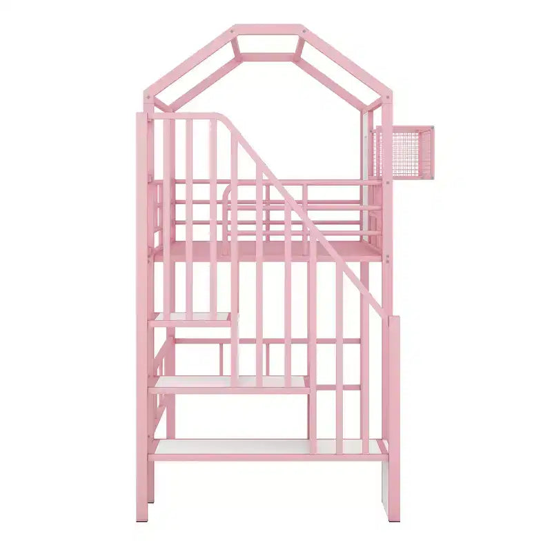 Letto a soppalco in metallo a casetta con scala, contenitore e design a tetto – Singolo, 93,7"