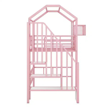 Letto a soppalco in metallo a casetta con scala, contenitore e design a tetto – Singolo, 93,7"