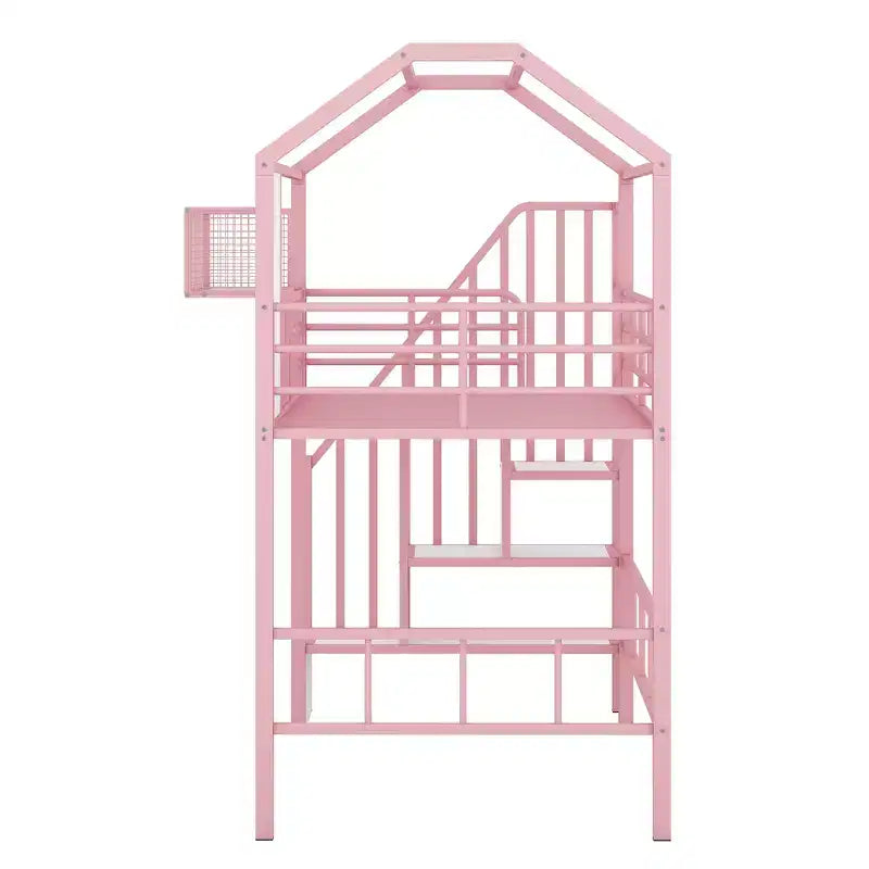Letto a soppalco in metallo a casetta con scala, contenitore e design a tetto – Singolo, 93,7"