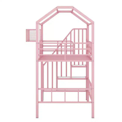 Letto a soppalco in metallo a casetta con scala, contenitore e design a tetto – Singolo, 93,7"