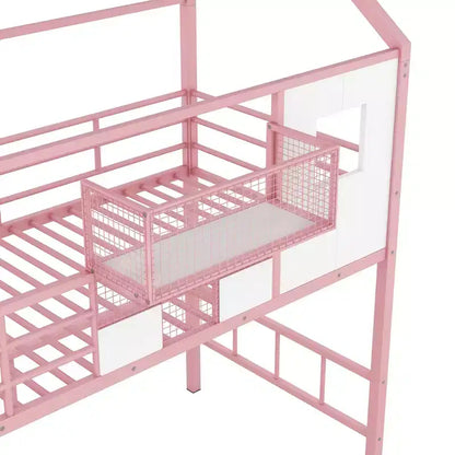 Letto a soppalco in metallo a casetta con scala, contenitore e design a tetto – Singolo, 93,7"