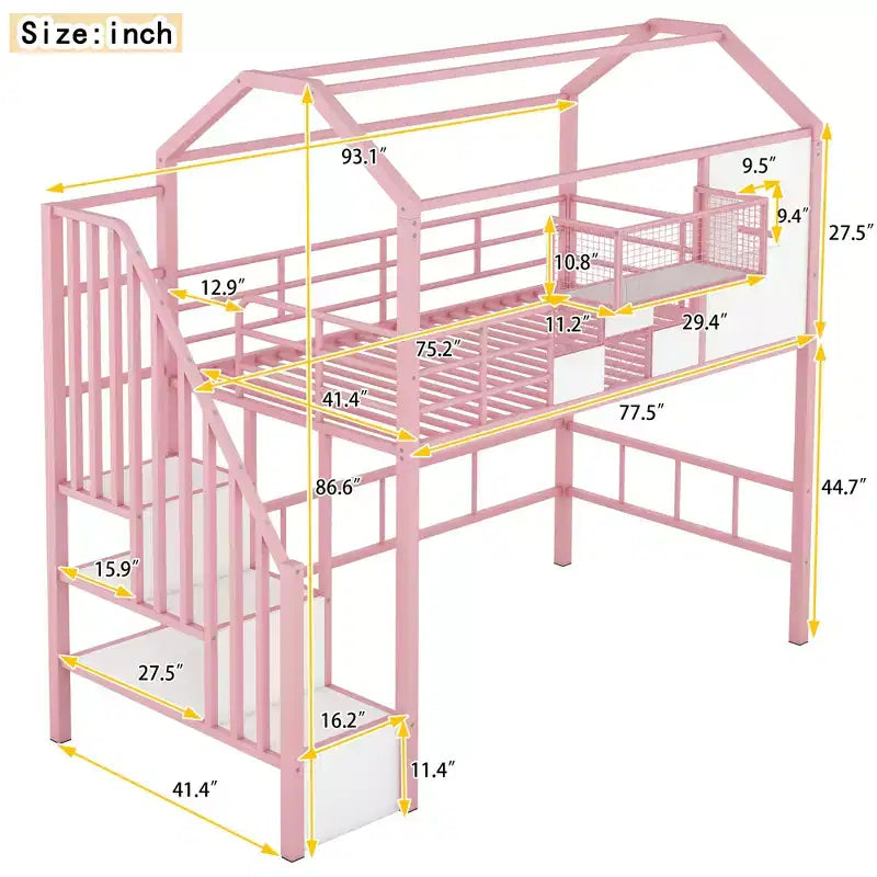 Letto a soppalco in metallo a casetta con scala, contenitore e design a tetto – Singolo, 93,7"