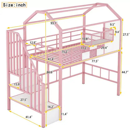 Letto a soppalco in metallo a casetta con scala, contenitore e design a tetto – Singolo, 93,7"