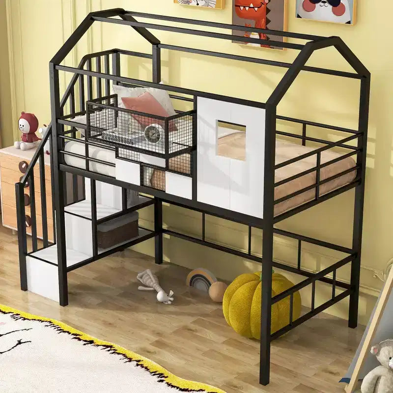 Letto a soppalco in metallo a casetta con scala, contenitore e design a tetto – Singolo, 93,7"