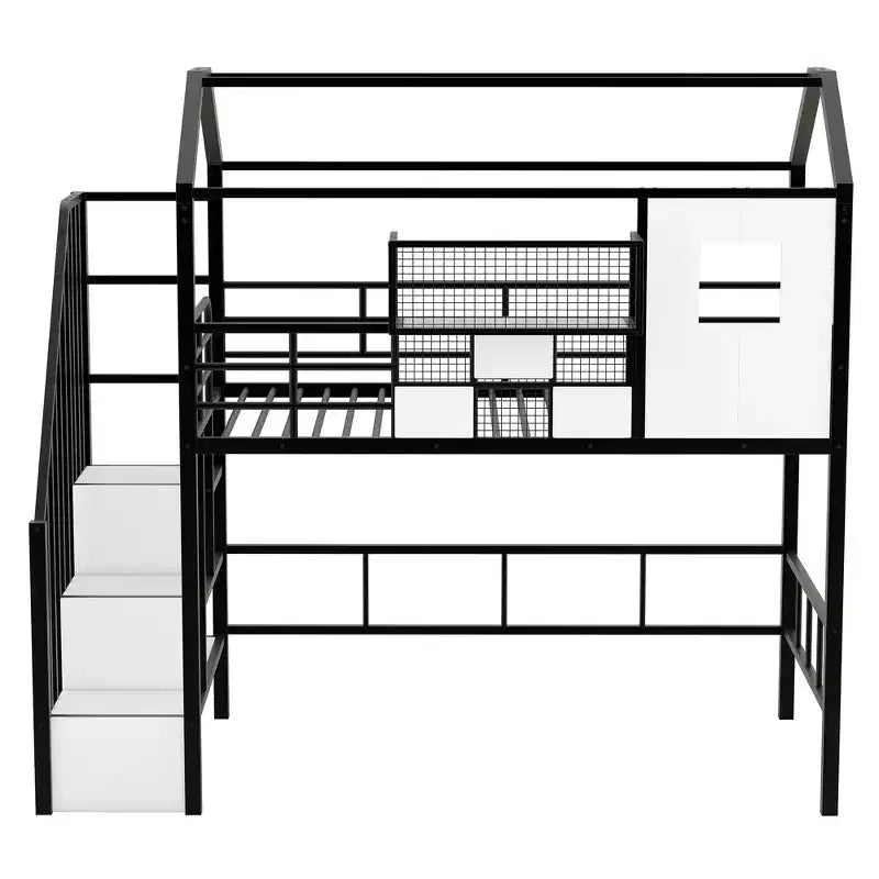Letto a soppalco in metallo a casetta con scala, contenitore e design a tetto – Singolo, 93,7"