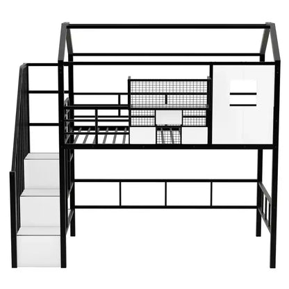 Letto a soppalco in metallo a casetta con scala, contenitore e design a tetto – Singolo, 93,7"