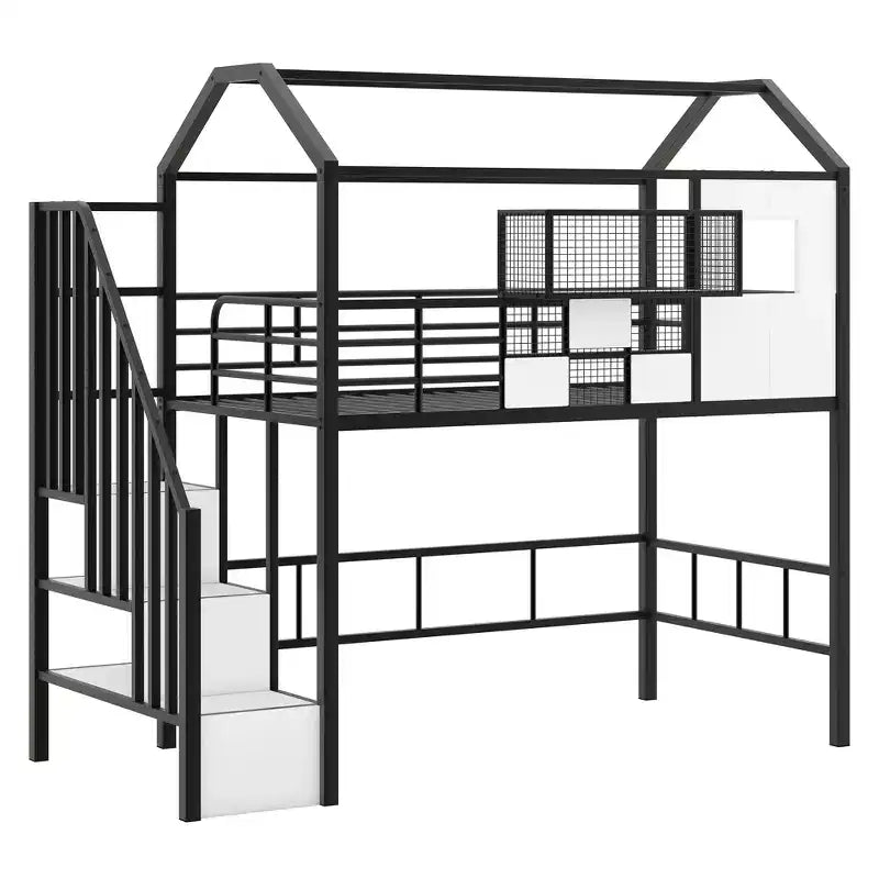 Letto a soppalco in metallo a casetta con scala, contenitore e design a tetto – Singolo, 93,7"
