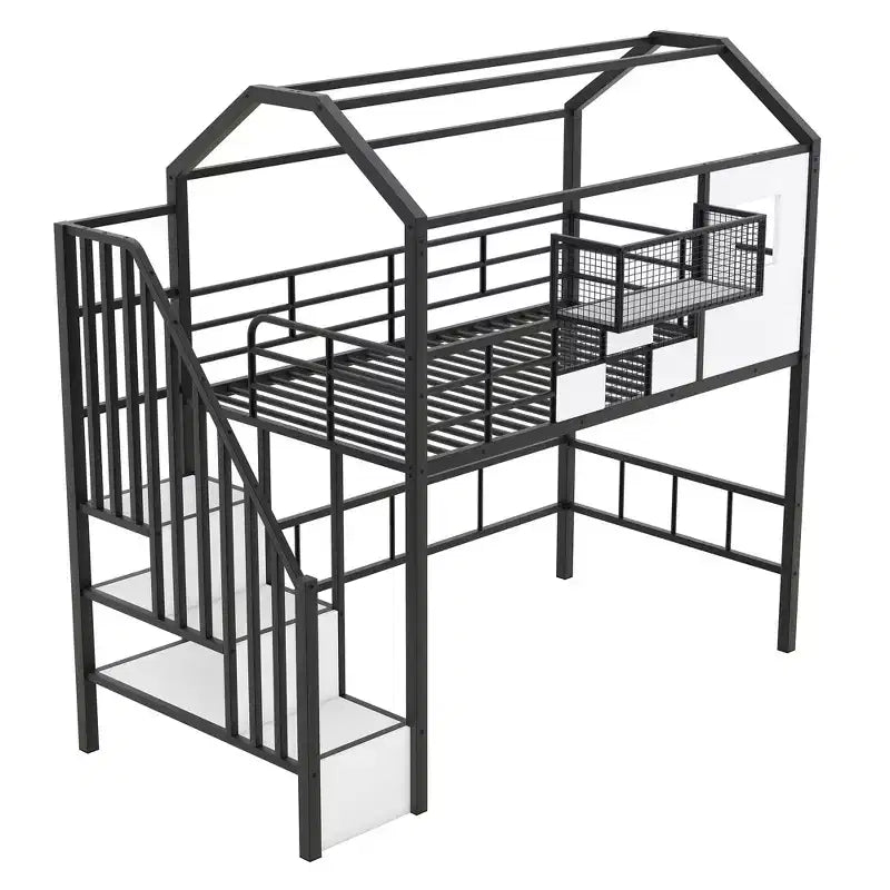 Letto a soppalco in metallo a casetta con scala, contenitore e design a tetto – Singolo, 93,7"