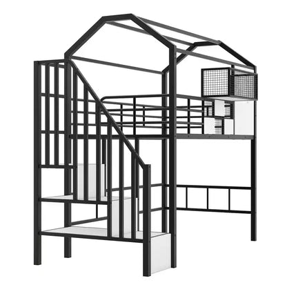 Letto a soppalco in metallo a casetta con scala, contenitore e design a tetto – Singolo, 93,7"