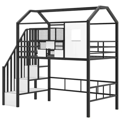 Letto a soppalco in metallo a casetta con scala, contenitore e design a tetto – Singolo, 93,7"