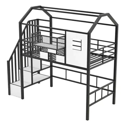Letto a soppalco in metallo a casetta con scala, contenitore e design a tetto – Singolo, 93,7"