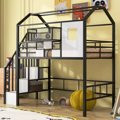 Whisen 93.7''L x 41.4''W House-style Design Metal Loft Bed with Staircase, Storage Rack and Window, with Roof Design