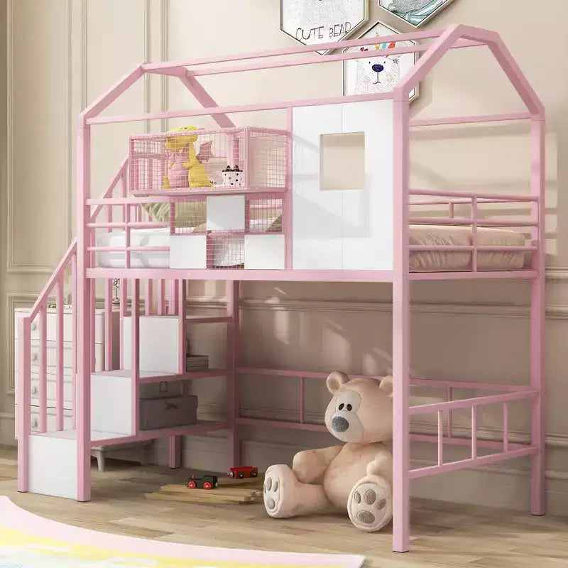 Letto a soppalco in metallo a casetta con scala, contenitore e design a tetto – Singolo, 93,7"